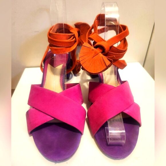 B Brian Atwood "Astor" Pink,Purple, Orange Suede Lace Up Sandals Heel Sz.6 $445 - Picture 2 of 9